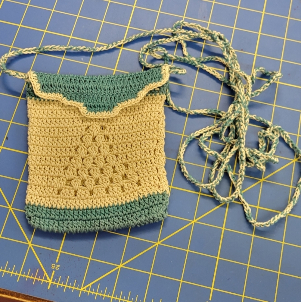 Crocheted Purse Cream & Teal 72" Strap Handmade